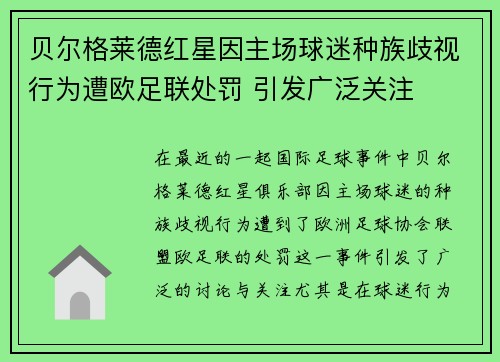 贝尔格莱德红星因主场球迷种族歧视行为遭欧足联处罚 引发广泛关注